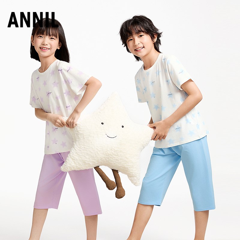 安奈儿男女童短袖T恤七分裤家居服睡衣套装户外2025夏季新款圆领