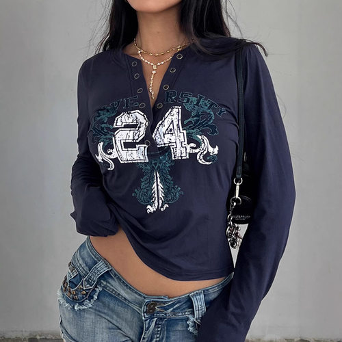 美式复古字母印花修身长袖T恤女2025秋外贸纽扣针织衫ins新款上衣