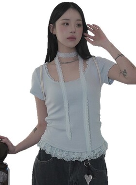 纯欲辣妹风时尚蕾丝花边拼接修身围脖+短袖T恤两件套甜辣少女上衣