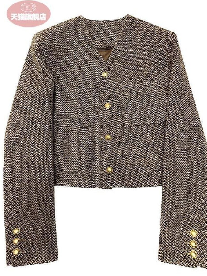 2024 심플한 기질의 사교계 신상 고급 향기 스타일 상의 카키색 쇼트 가디건 재킷