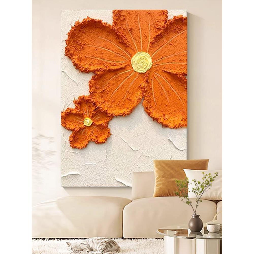 油画纹理多巴胺橙花客厅装饰画Normcore风格入口沙发奶油风格挂画