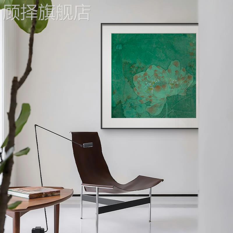 新中式墨绿方形荷花装饰画法式复古中古风花卉壁画入户玄关卧室画图片