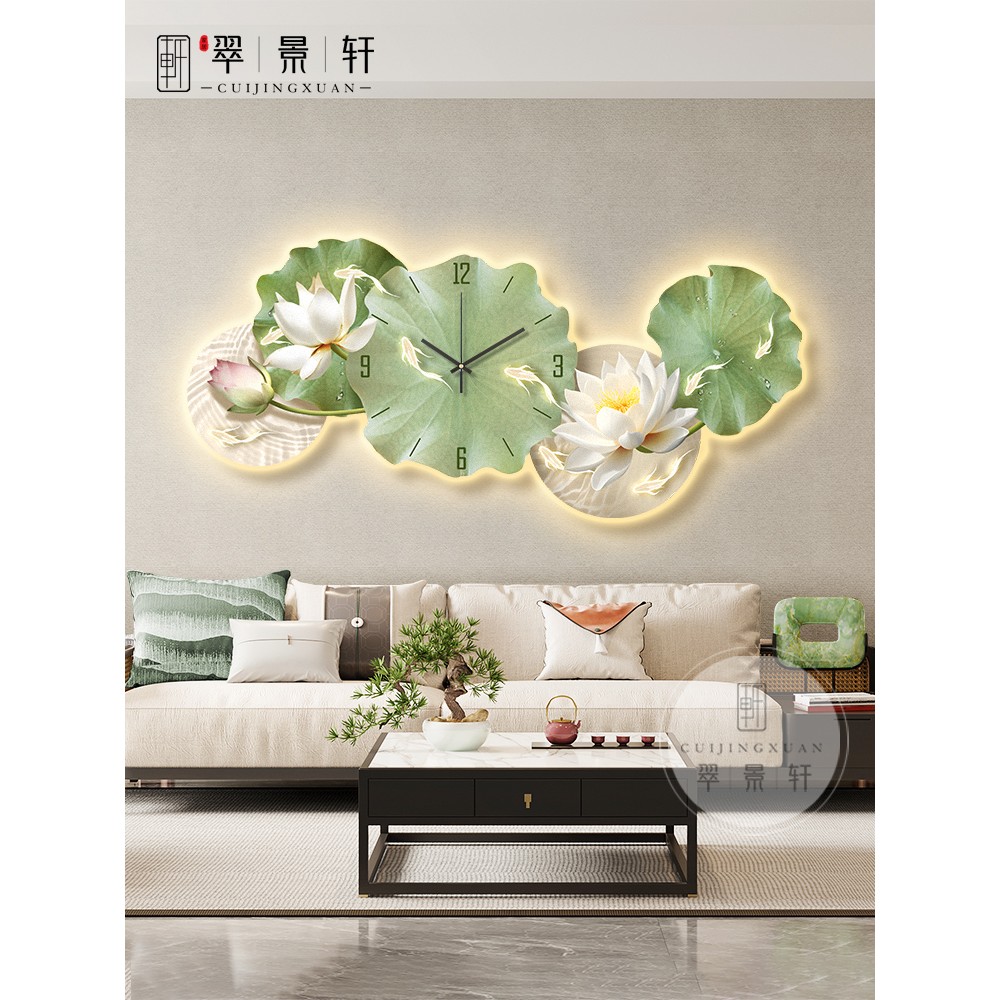 九鱼图荷花客厅装饰画沙发背景墙钟表挂画现代简约高级感创意灯画图片