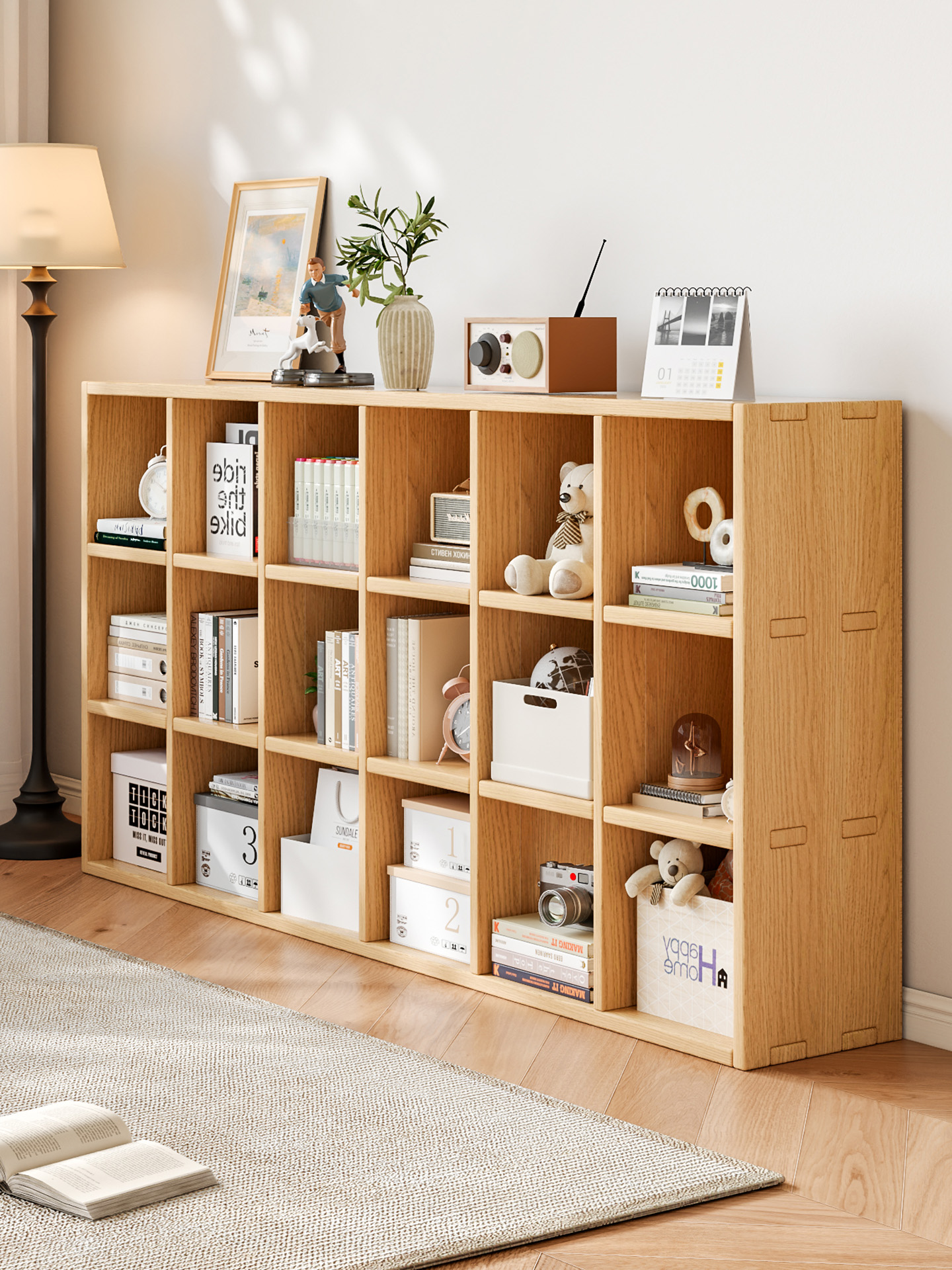 组合格子柜实木书架靠墙置物架落地客厅幼儿园储物收纳矮家用书柜