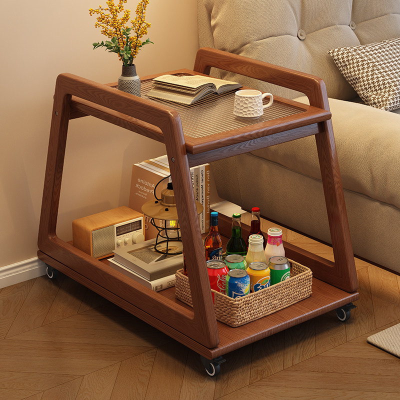实木小推车可移动收纳边几小户型家用客厅玻璃带轮茶几中古风沙发