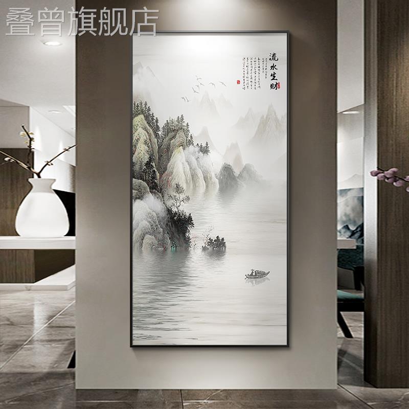 网红迎客松挂画新中式入门玄关装饰画走廊过道风景山水画客厅竖版