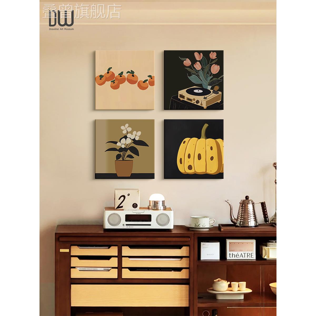 中古风餐厅斗柜组合装饰画美拉德无框咖啡厅挂画复古卧室床头壁画图片