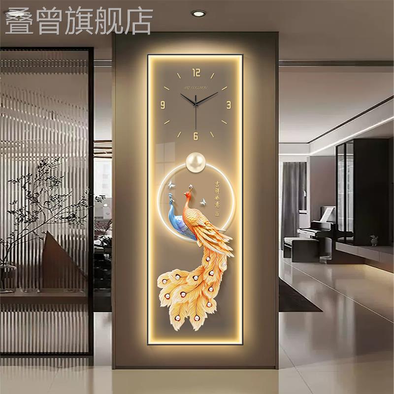 富贵孔雀玄关装饰画钟表挂钟现代轻奢窄长条客厅过道创意时钟壁灯图片