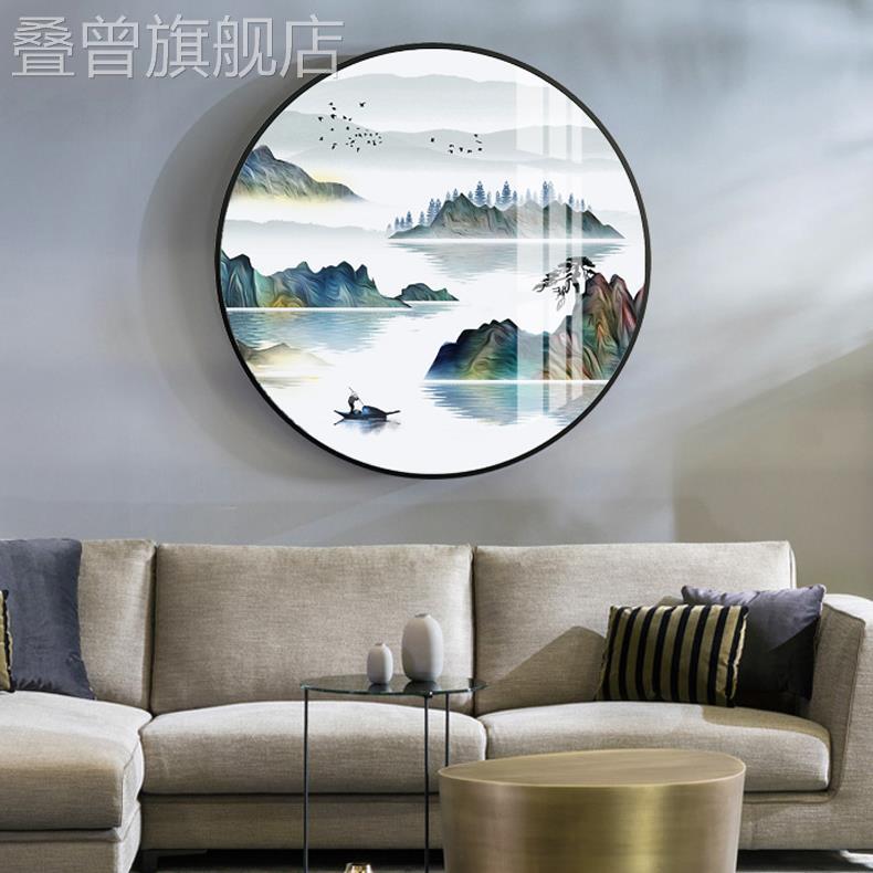 写意山水装饰画轻奢圆形壁画客厅玄关餐厅茶室沙发背景墙晶瓷挂画图片