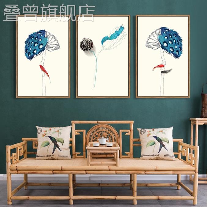 新中式装饰画墙画客厅挂画国画荷花写意水墨画现代简约鱼三联画竖图片