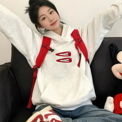 早秋白灰色卫衣女连帽新款爆款女款小个子秋冬款加绒外套长袖上衣