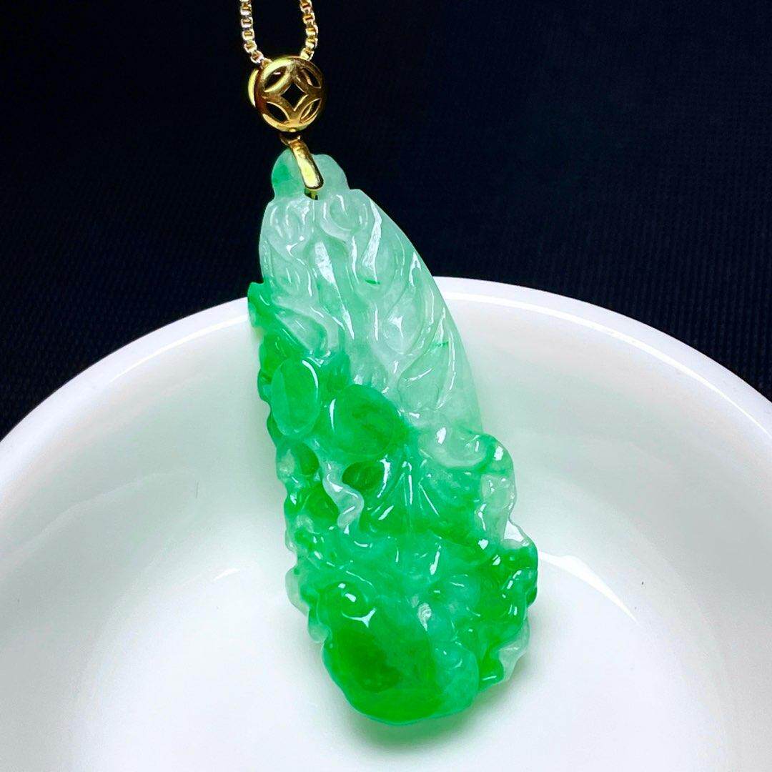 缅甸翡翠白菜镶金玉吊坠天然玉石a货18k金镶嵌冰糯种辣绿收藏0930
