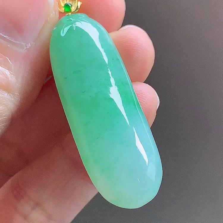 缅甸翡翠福瓜镶金玉吊坠天然玉石A货18K金镶嵌冰种飘绿收藏1114