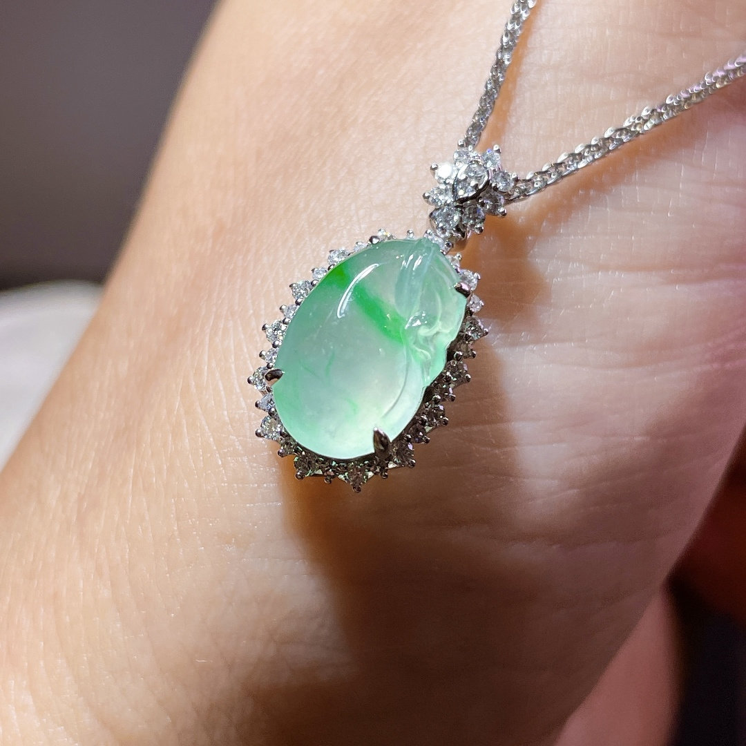 缅甸翡翠钱袋镶金玉吊坠天然玉石A货18K金镶嵌冰种阳绿礼物0223