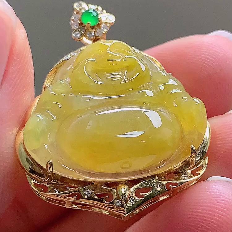 缅甸翡翠佛公镶金玉吊坠天然玉石A货18K金镶嵌冰种黄翡新款1016