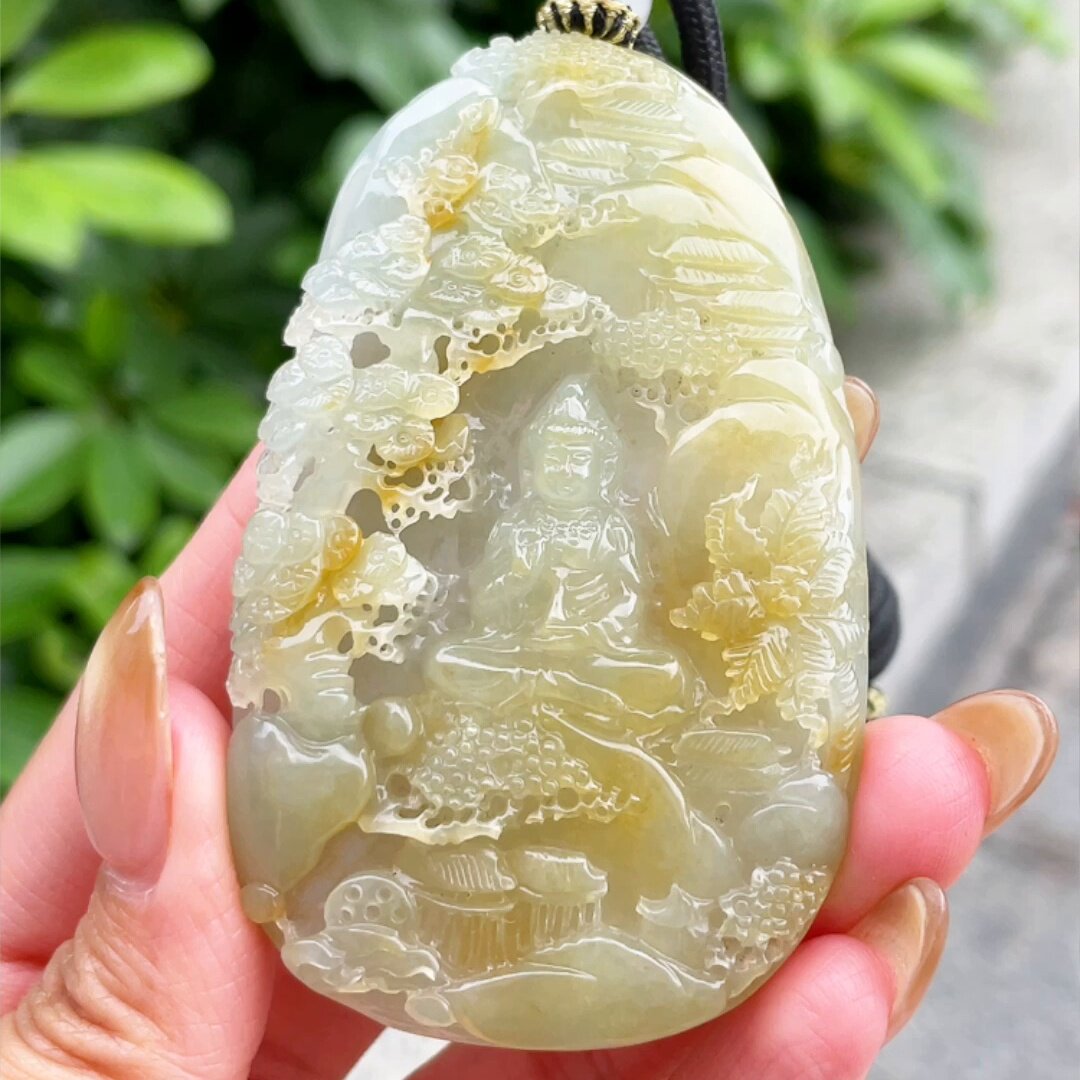 缅甸翡翠观音玉吊坠天然玉石A货冰种黄翡收藏证书新款老坑0601