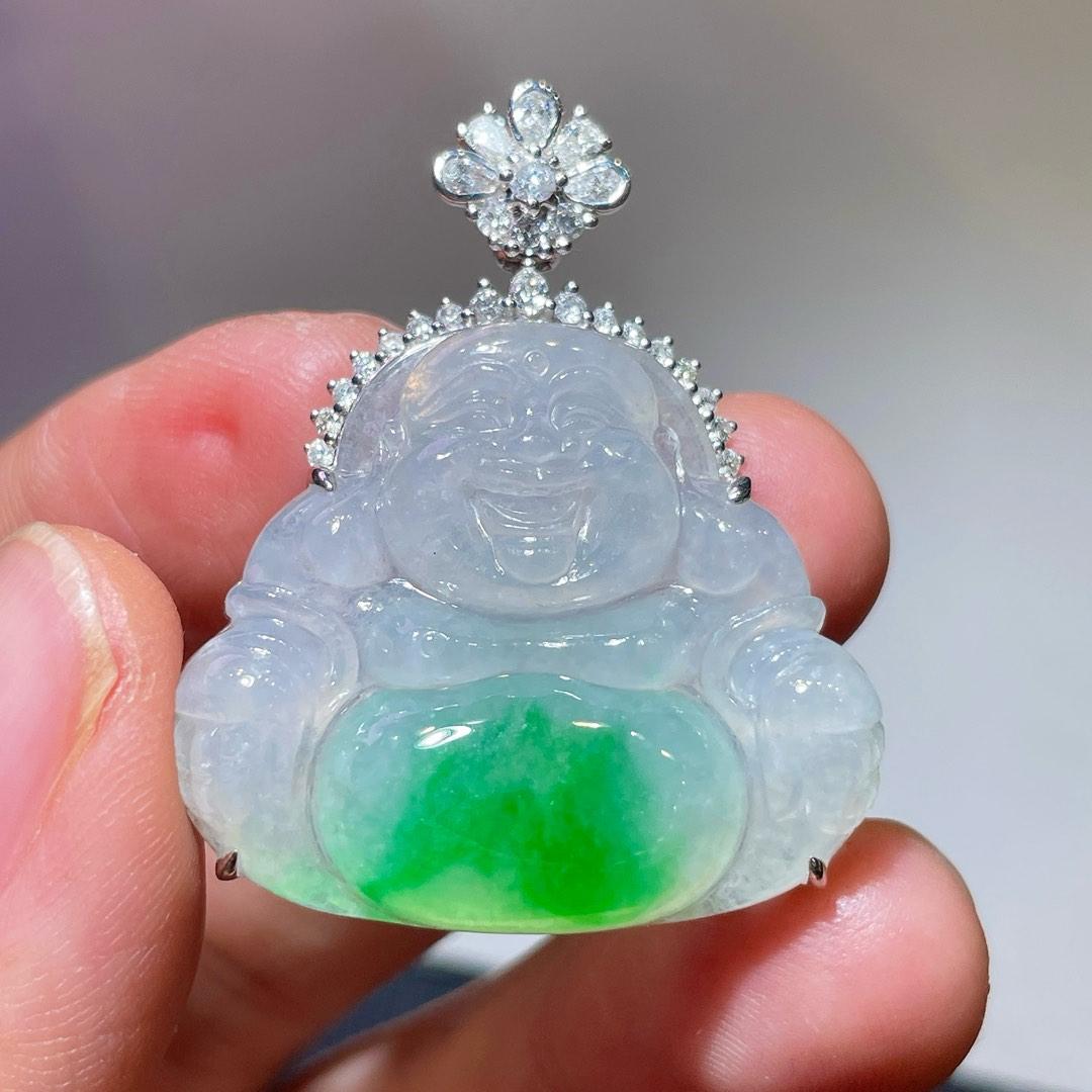 缅甸翡翠佛公镶金玉吊坠天然玉石A货18K金镶嵌冰种阳绿证书1021