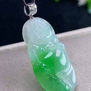 缅甸翡翠逍遥佛镶金玉吊坠天然玉石A货18K金镶嵌冰种飘绿证书0204