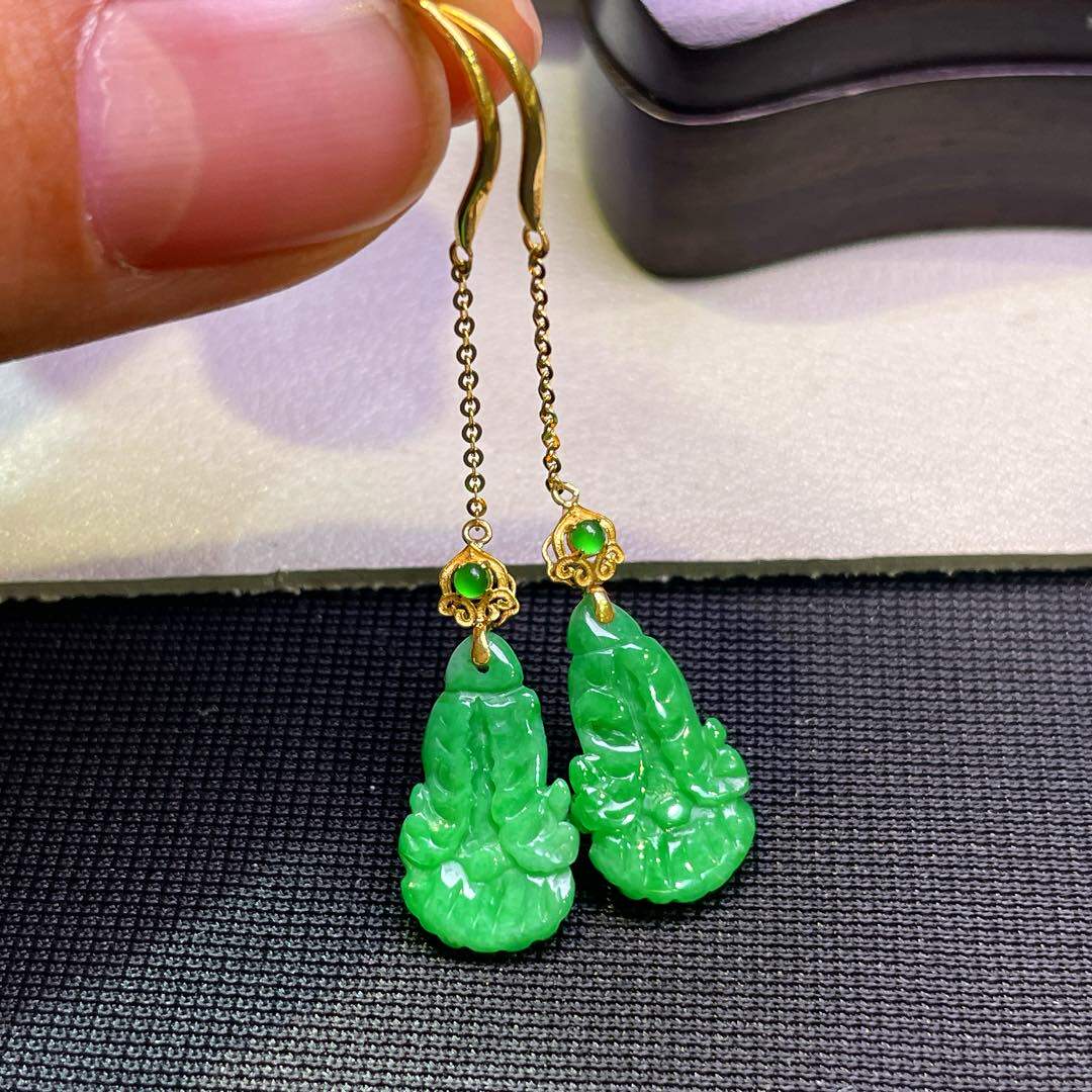 缅甸翡翠白菜镶金玉耳环天然玉石A货18K金镶嵌冰糯种满绿老坑0223