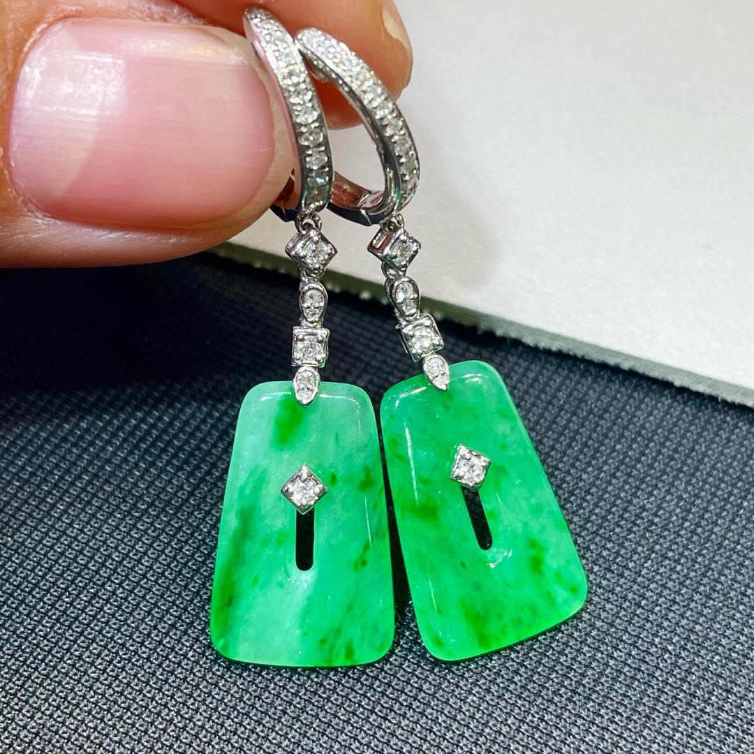 缅甸翡翠镶金玉耳环天然玉石A货18K金镶嵌冰糯种阳绿老坑正品1021