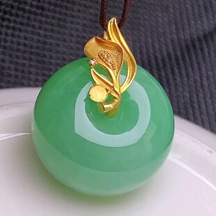 缅甸翡翠镶金玉吊坠天然玉石A货18K金镶嵌冰种满绿老坑正品0204