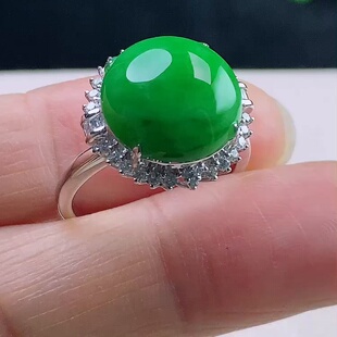 缅甸翡翠戒指镶金玉戒指天然玉石A货18K金镶嵌冰种阳绿证书0204