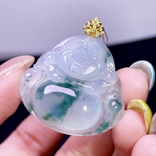 缅甸翡翠佛公镶金玉吊坠天然玉石