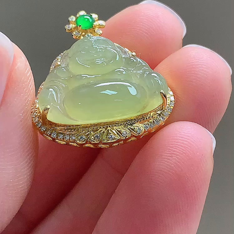 缅甸翡翠佛公镶金玉吊坠天然玉石A货18K金镶嵌冰种黄翡老坑1231