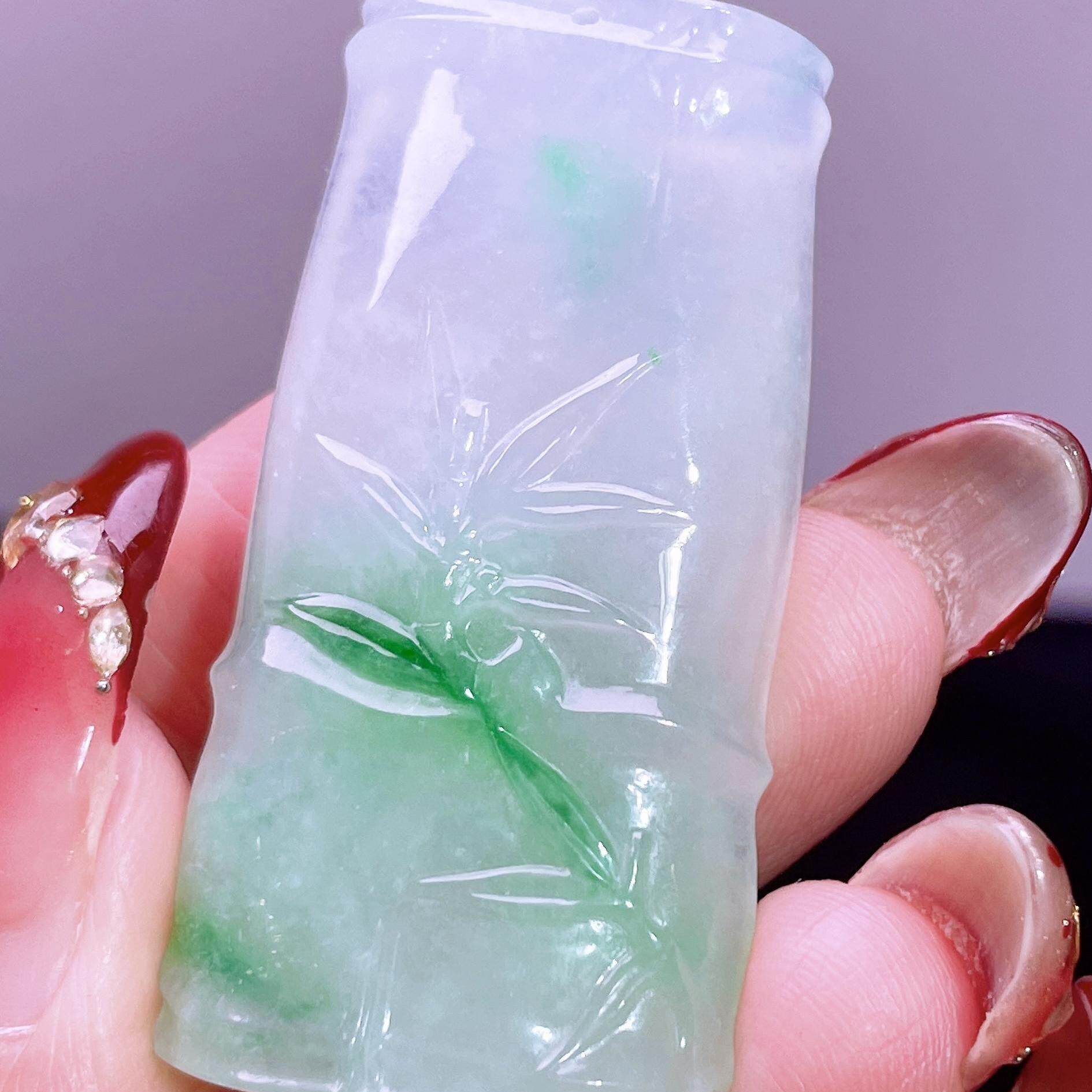 缅甸翡翠竹节玉吊坠天然玉石A货冰种飘绿飘绿花老坑礼物高档0528