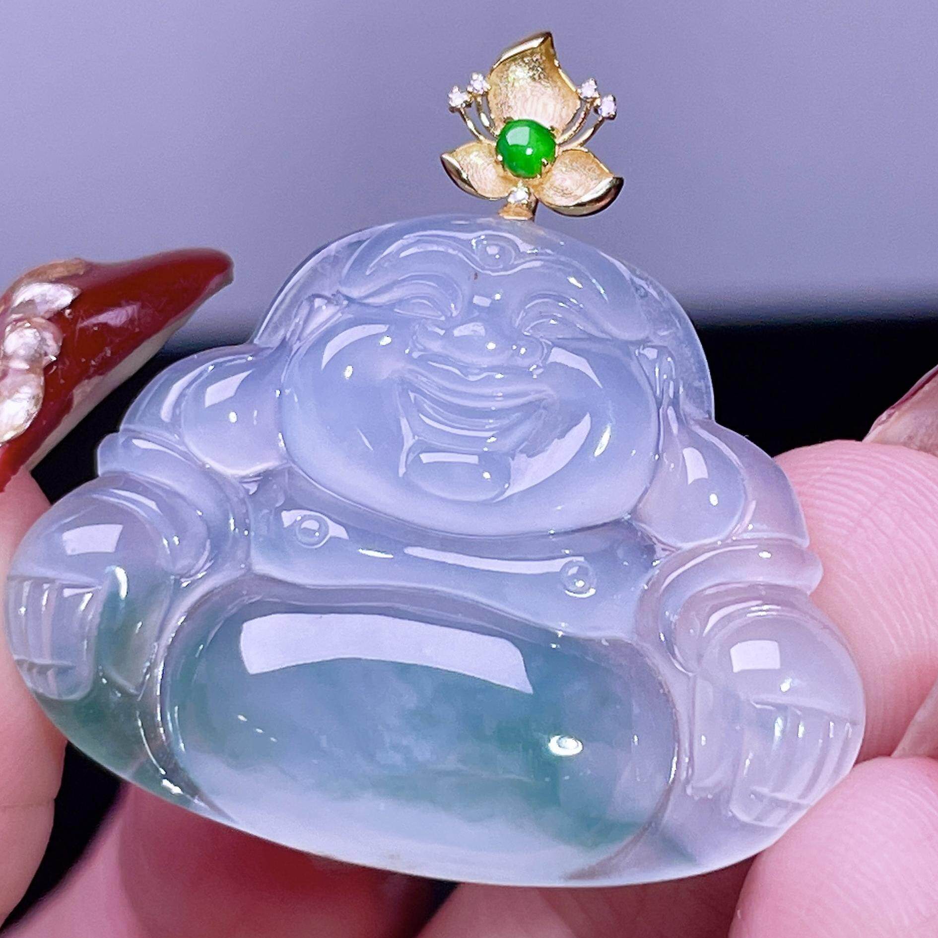 缅甸翡翠佛公镶金玉吊坠天然玉石A货18K金镶嵌冰种飘花正品0528