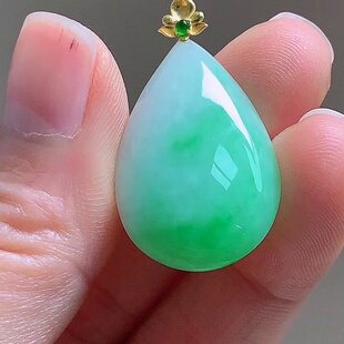缅甸翡翠水滴镶金玉吊坠天然玉石A货18K金镶嵌冰种阳绿正品0204