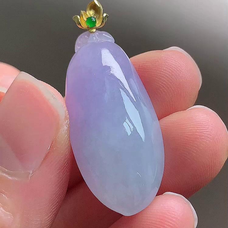 缅甸翡翠福瓜镶金玉吊坠天然玉石A货18K金镶嵌冰种紫罗兰证书1023