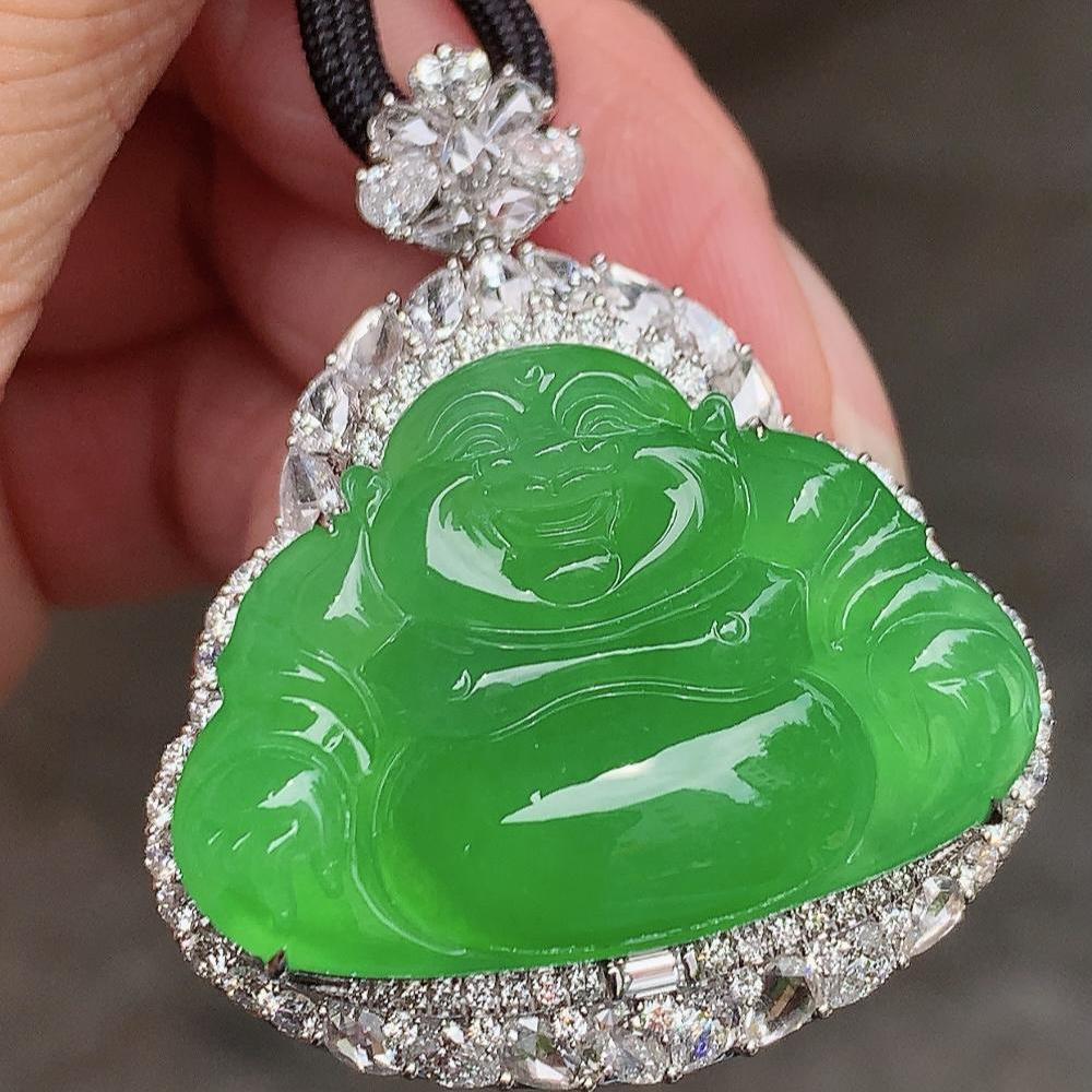 缅甸翡翠佛公镶金玉吊坠天然玉石