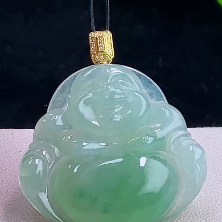缅甸翡翠佛公镶金玉吊坠天然玉石A货18K金镶嵌冰种晴绿老坑0105