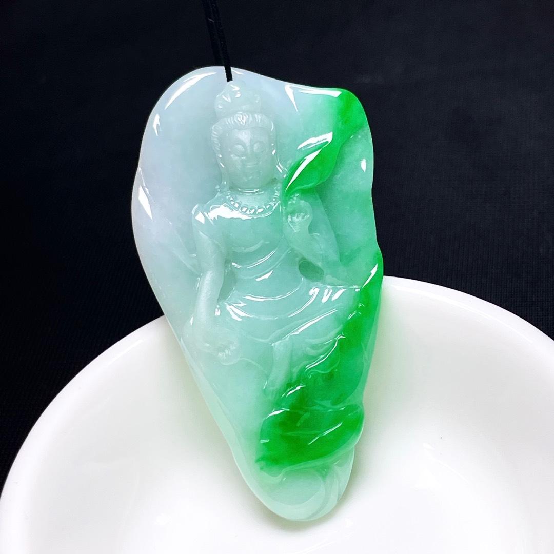 缅甸翡翠观音玉吊坠天然玉石A货冰糯种辣绿收藏高档证书礼物1021
