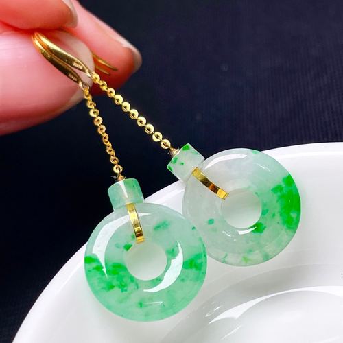 缅甸翡翠甜甜圈镶金玉耳坠天然玉