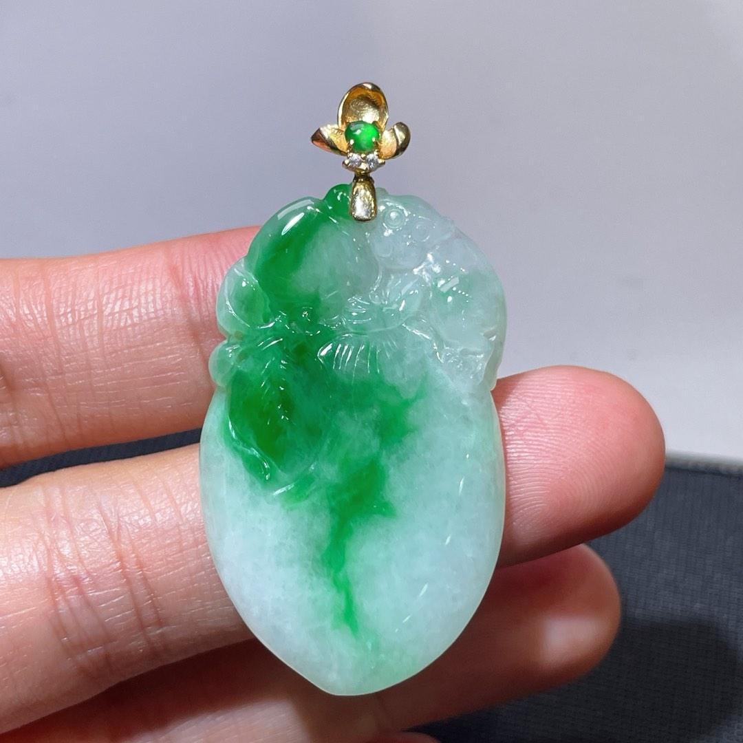 缅甸翡翠寿桃镶金玉吊坠天然玉石A货18K金镶嵌冰糯种阳绿礼物1021