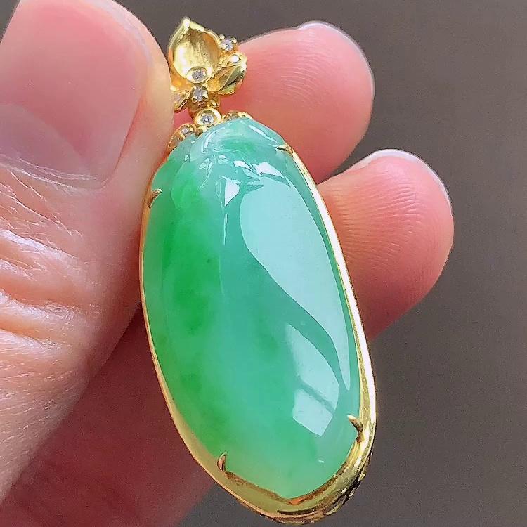 缅甸翡翠福瓜镶金玉吊坠天然玉石A货18K金镶嵌冰种阳绿高档1023