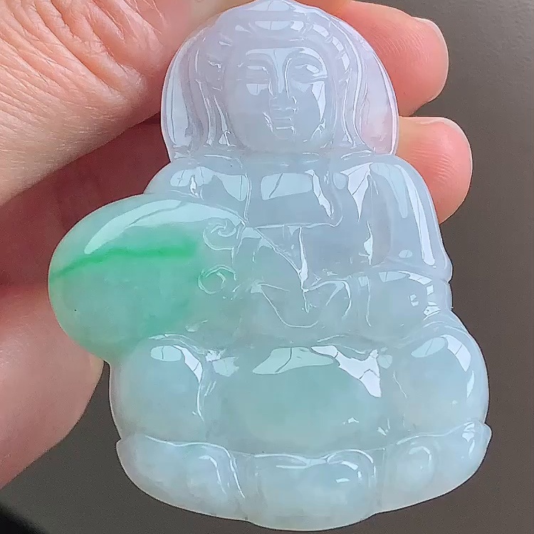 缅甸翡翠观音镶金玉吊坠天然玉石A货18K金镶嵌冰种阳绿收藏1205