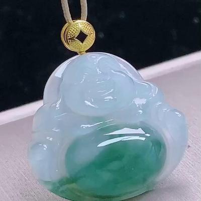 缅甸翡翠佛公镶金玉吊坠天然玉石