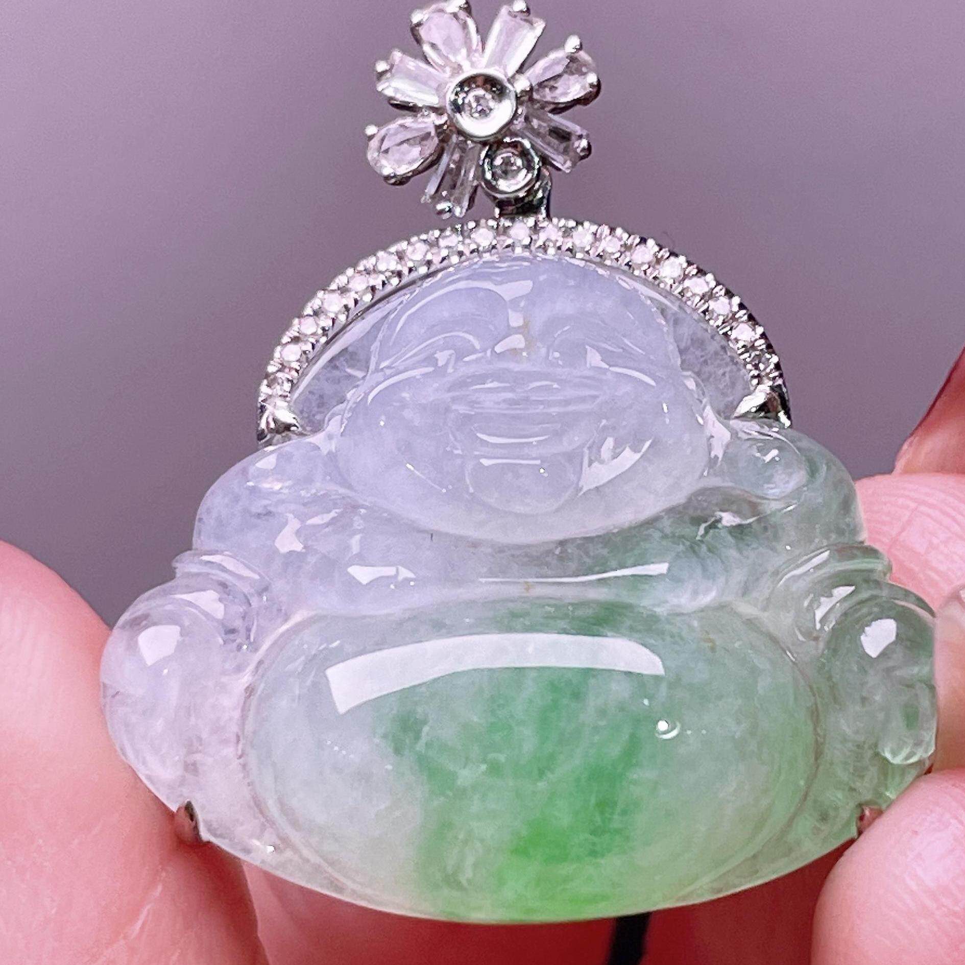 缅甸翡翠佛公镶金玉吊坠天然玉石A货18K金镶嵌冰种飘绿飘绿花0528