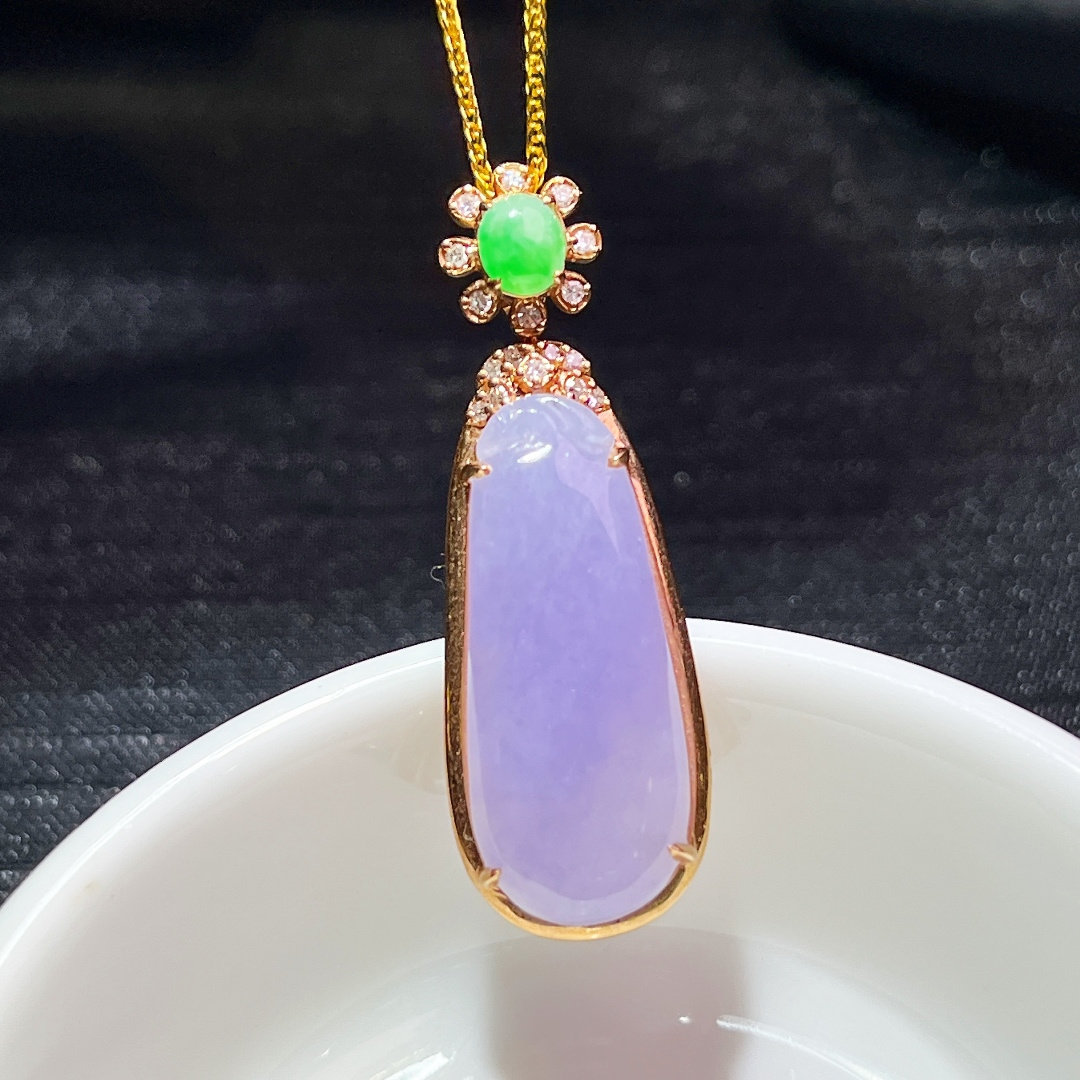 缅甸翡翠福瓜镶金玉吊坠天然玉石A货18K金镶嵌冰糯种紫罗兰0223