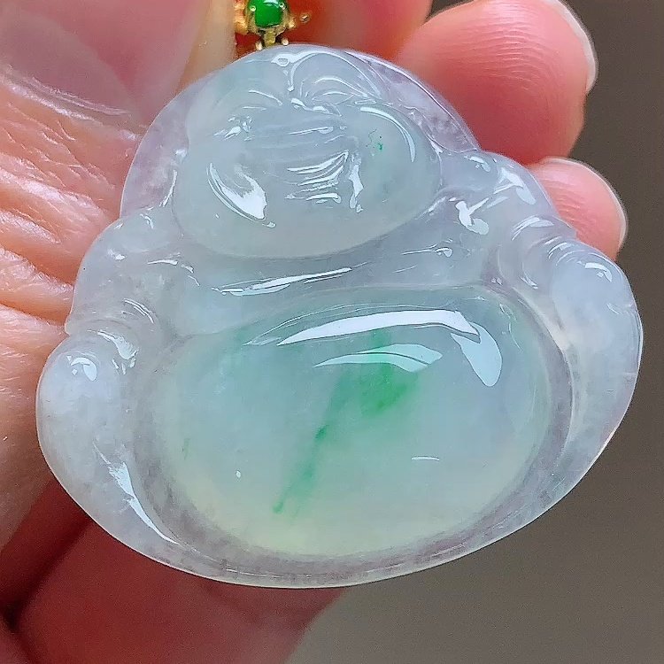 缅甸翡翠佛公镶金玉吊坠天然玉石A货18K金镶嵌冰种阳绿证书1231