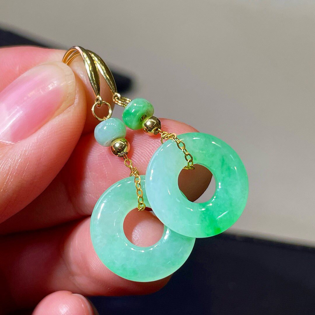 缅甸翡翠甜甜圈镶金玉耳环天然玉石A货18K金镶嵌冰种晴水老坑0223