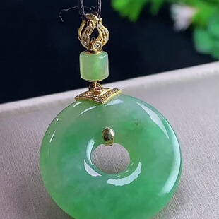 缅甸翡翠甜甜圈镶金玉吊坠天然玉石A货18K金镶嵌冰种晴绿新款0204