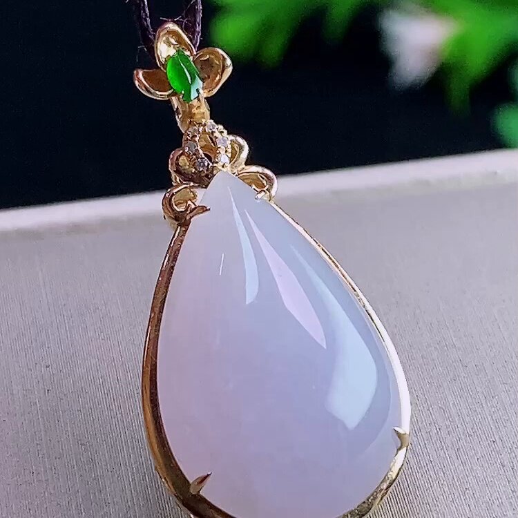 缅甸翡翠水滴镶金玉吊坠天然玉石A货18K金镶嵌冰种紫罗兰新款0202