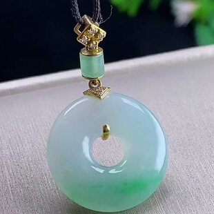 缅甸翡翠甜甜圈镶金玉吊坠天然玉石A货18K金镶嵌冰种飘绿收藏0204