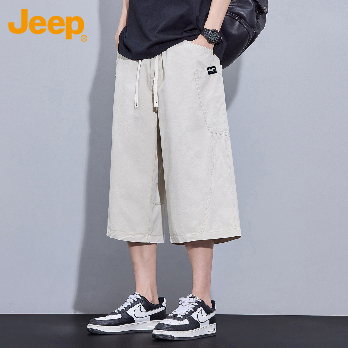Jeep吉普纯棉七分裤子男士美式直筒2026年夏季薄款工装休闲短裤男