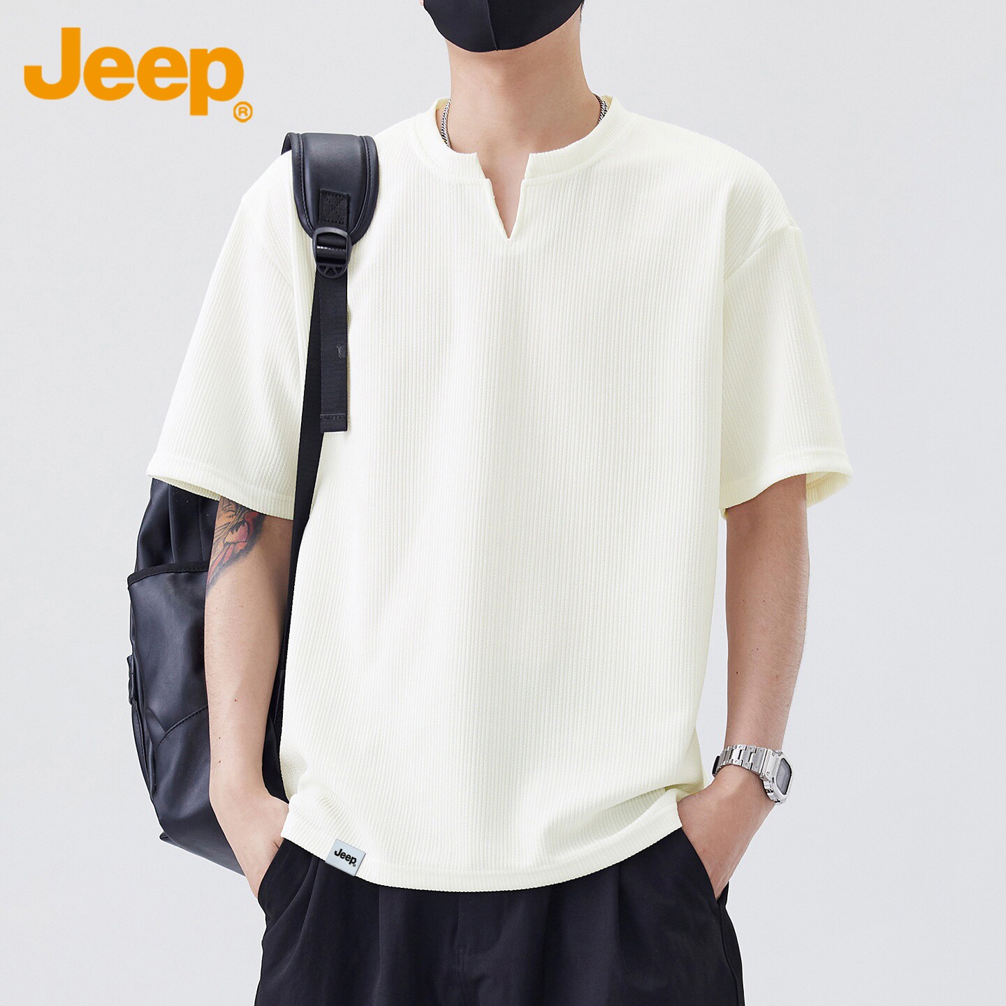 Jeep吉普V领短袖t恤男士白色高级感2026年夏季薄款休闲半袖上衣男
