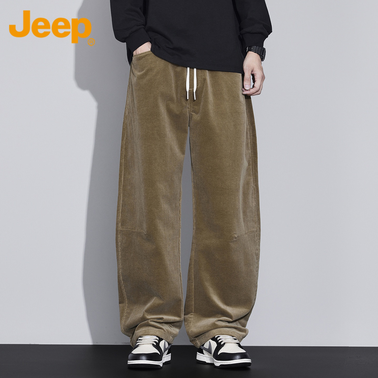 Jeep吉普卡其条绒休闲裤子男士2026春秋季直筒宽松灯芯绒弯刀裤男